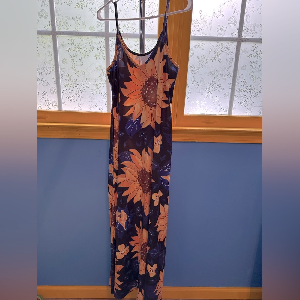Woman’s large spaghetti strap, long, sunflower, print dress